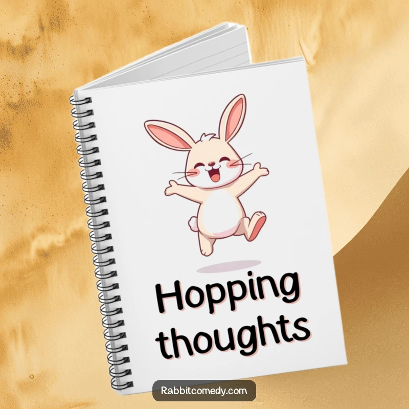 Funny rabbit notebook cover showing a rabbit character joyfully hopping with big, exaggerated leaps.
