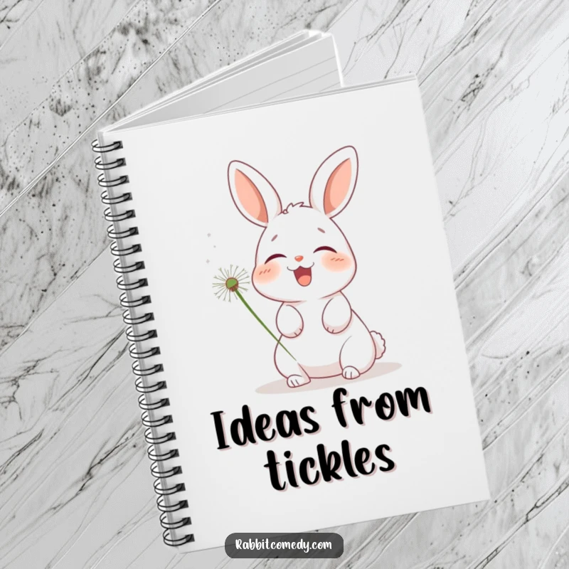 Funny rabbit notebook, a whimsical cover with a bunny tickled by a dandelion, perfect for jotting down funny thoughts.