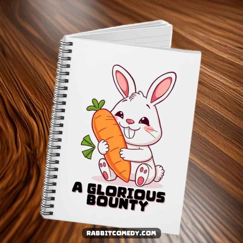 Funny rabbit notebook with a grinning bunny holding a giant, smiling carrot, ideal for jotting down ideas and creative thoughts with humor.