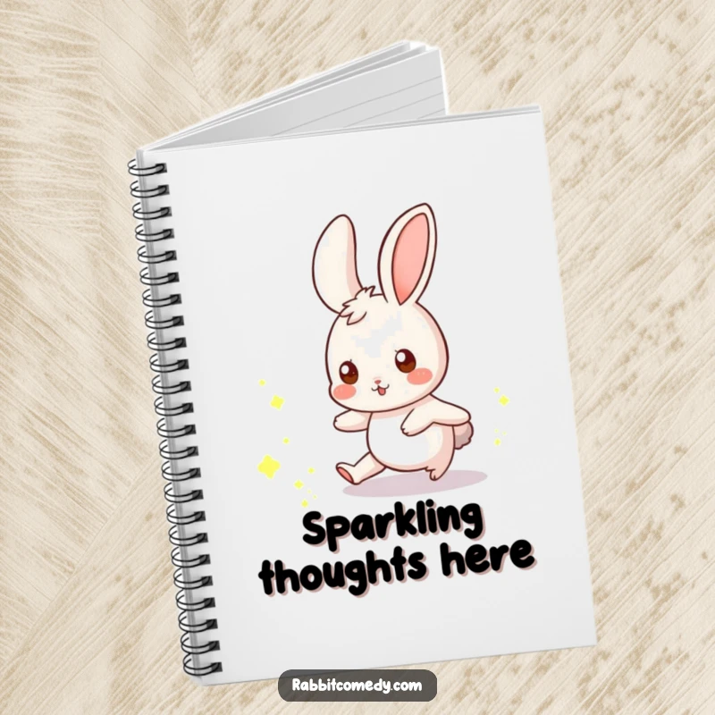 Funny rabbit notebook featuring a whimsical rabbit playfully chasing a scattering of glowing dust motes.
