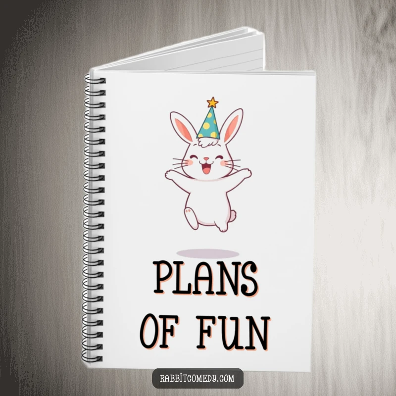 Funny rabbit wearing a party hat, caught mid-silly jump, inspiring fun notes in this humorous notebook.