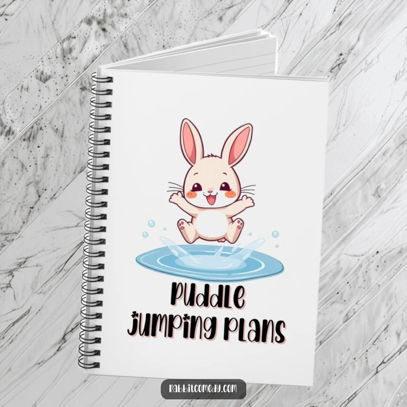 Funny notebook cover with a cartoon rabbit dramatically splashing water over a small, sparkling puddle.