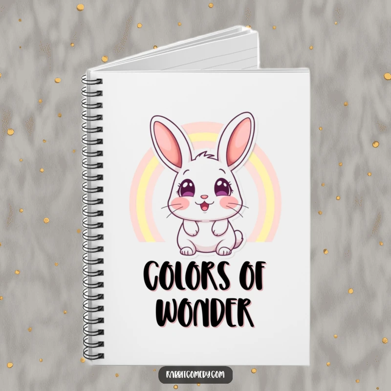 Funny notebook with a rabbit character, its eyes wide with amazement at a colorful rainbow, perfect for notes and creative writing.