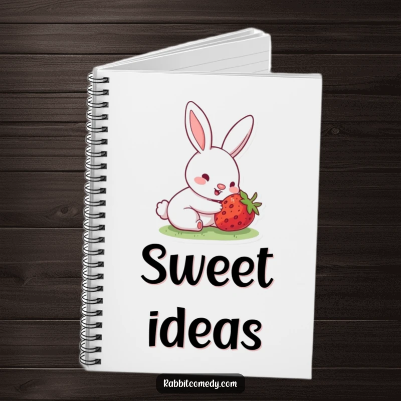 Funny notebook cover with a rabbit's nose wiggling happily, eyes bright with excitement at the discovery of a hidden strawberry.