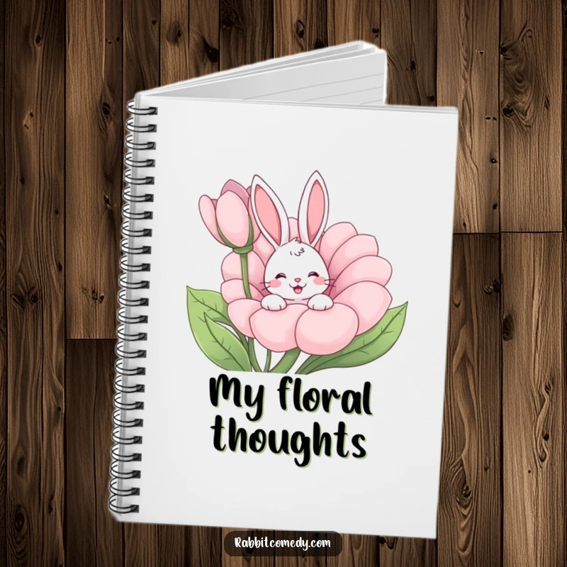 Funny rabbit peeking from a giant flower, happy wiggle, cartoon journal, perfect funny gift for note-takers.