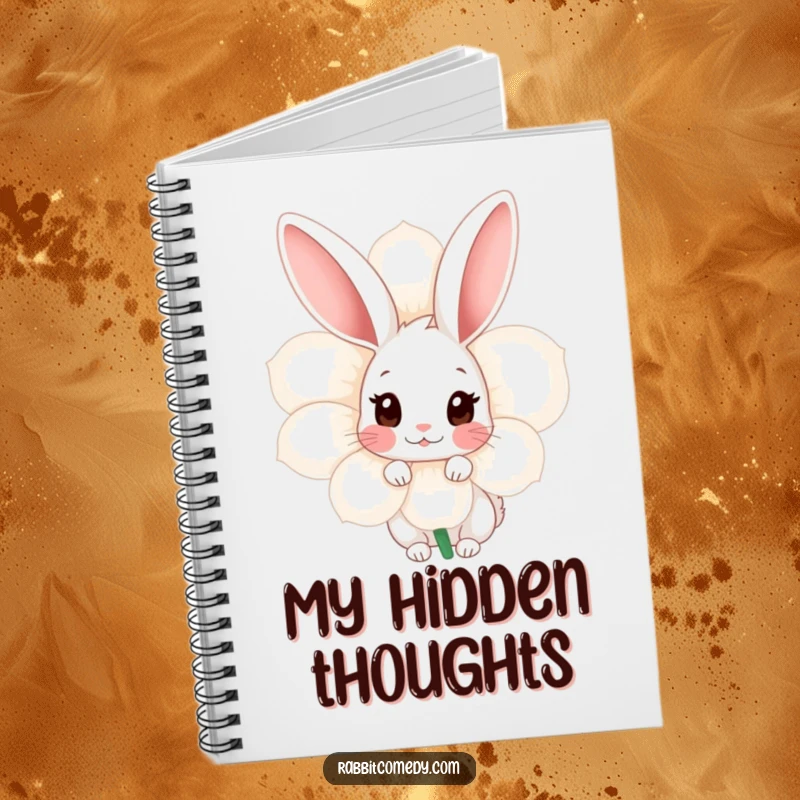 Funny Shy Rabbit Notebook: Cover art features a shy rabbit peeking from behind a flower, symbolizing gentle observation and quiet thoughts.