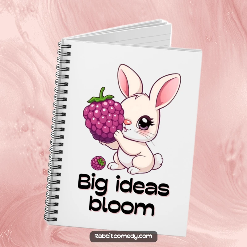 Funny Notebook featuring a rabbit with oversized, curious eyes nibbling a giant berry, perfect for jotting down sweet ideas.