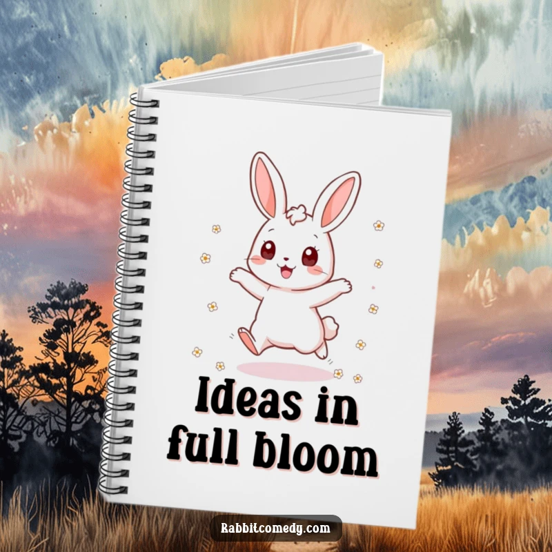 Funny rabbit notebook with an excited bunny jumping and scattering flowers, ideal for jotting down ideas and creative thoughts with vibrant energy.