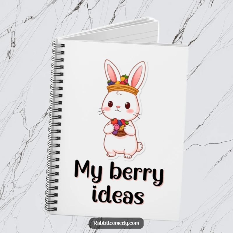 Funny rabbit character balancing a basket of colorful berries on its head on a notebook cover, for whimsical note-taking