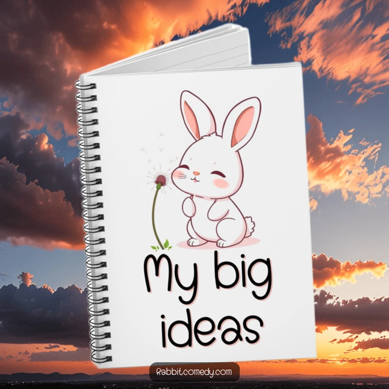 Funny rabbit notebook featuring a cute bunny gently blowing a fluffy dandelion seed, perfect for jotting down dreams.