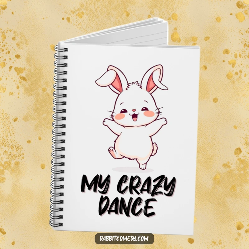 Funny rabbit notebook, featuring a fluffy character doing a silly dance with its ears flopping wildly, ready to capture playful ideas.