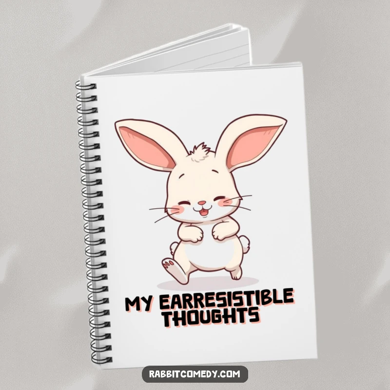 Funny notebook with a cartoon rabbit comically stumbling with huge floppy ears, perfect for jotting down notes with a dose of humor.
