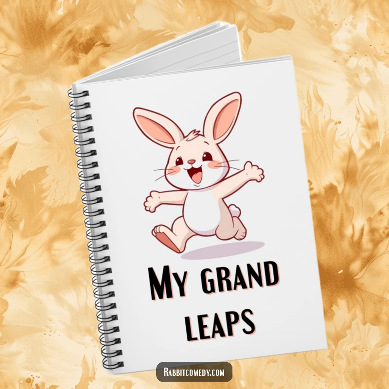 Funny rabbit notebook, featuring a cheerful character joyfully hopping with huge, exaggerated leaps, ready to capture energetic ideas.