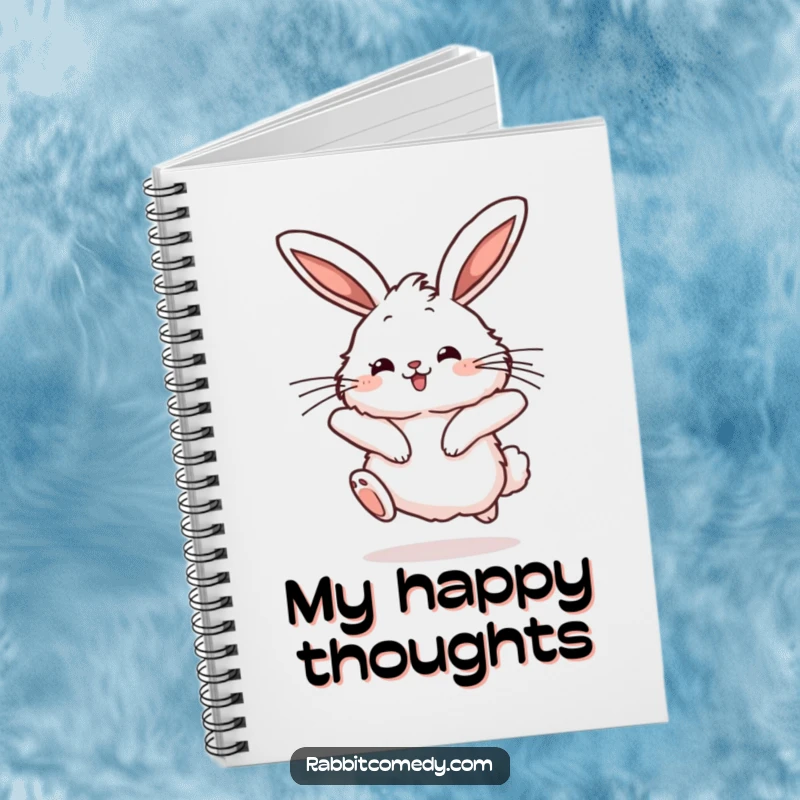Funny rabbit notebook cover showing a fluffy character mid-hop with joyful bounce and twitching ears, perfect for jotting down happy ideas.
