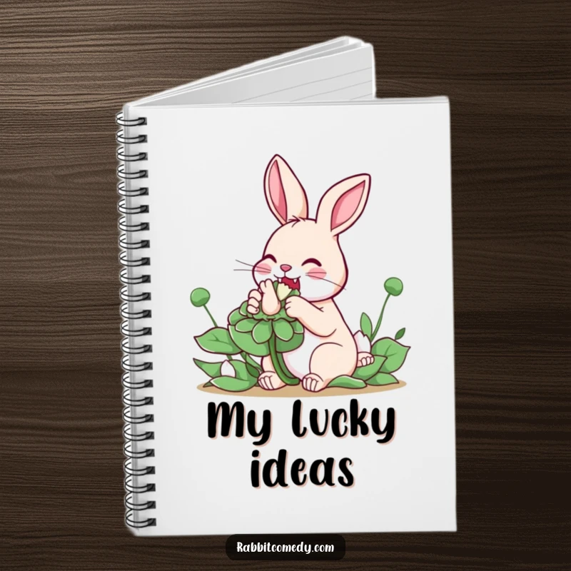 Funny Rabbit Clover Notebook: Cover art features a rabbit enthusiastically eating a giant clover, symbolizing luck and good fortune for note-taking.