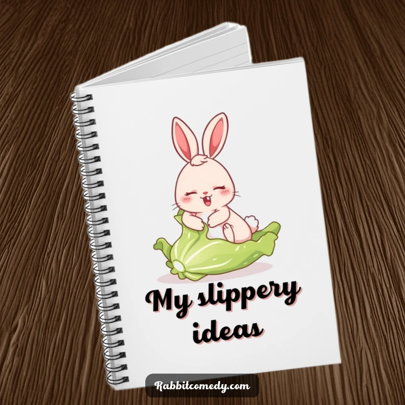 Funny notebook cover art: a rabbit comically sliding on a large, fresh lettuce leaf, ready for your notes.