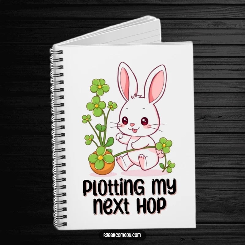 Funny rabbit character playfully chasing a clover, eyes sparkling, on the cover of a functional notebook.