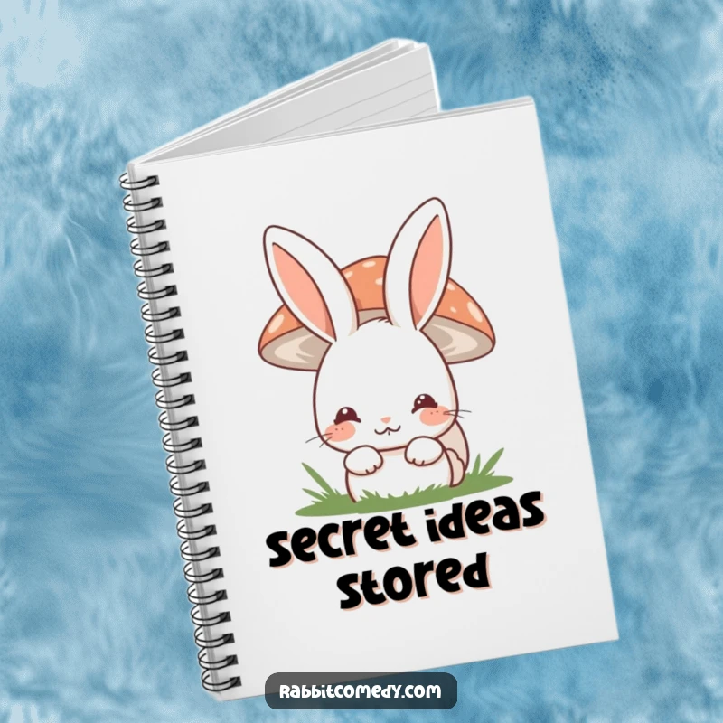 Funny shy rabbit notebook with a bunny hiding behind a mushroom and a shy smile, ideal for notes and thoughts.