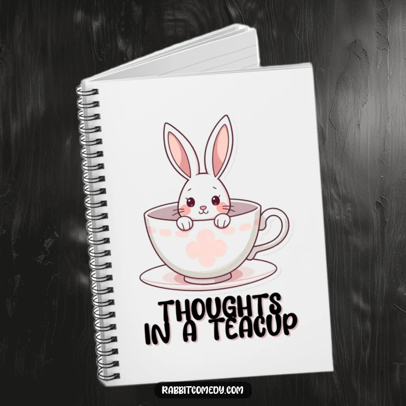 Funny rabbit notebook with a curious bunny peeking from a giant teacup, ideal for jotting down ideas and creative thoughts with a whimsical touch.