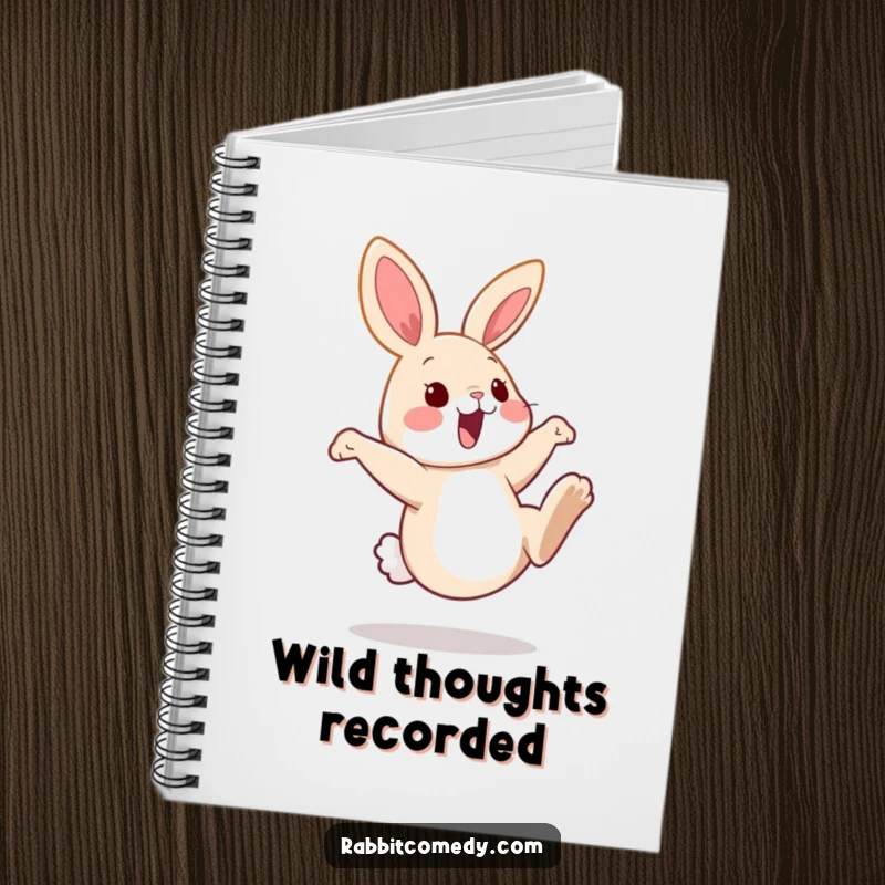 Funny rabbit notebook featuring a playful bunny kicking its hind legs high, perfect for jotting down ideas with a touch of fun.