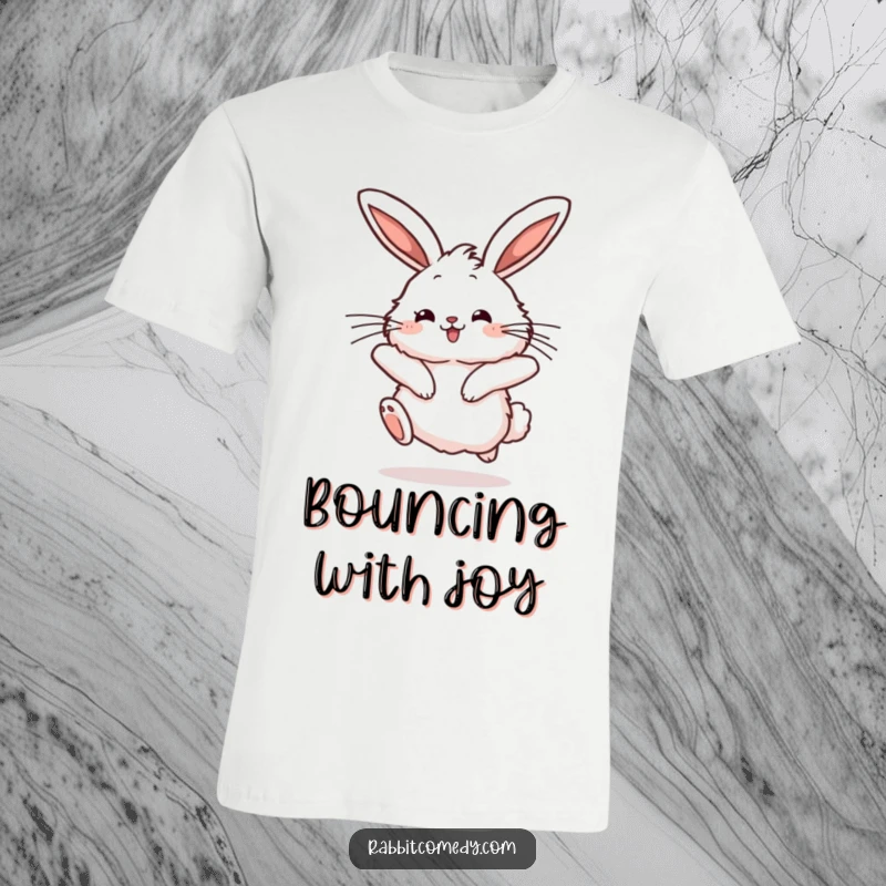 Funny rabbit t-shirt design of a fluffy character with long ears twitching, captured mid-hop with a joyful bounce.