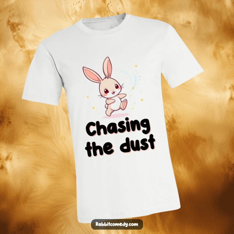 Funny Rabbit T-Shirt: A whimsical rabbit character playfully chases a vortex of shimmering, magical dust with excitement.