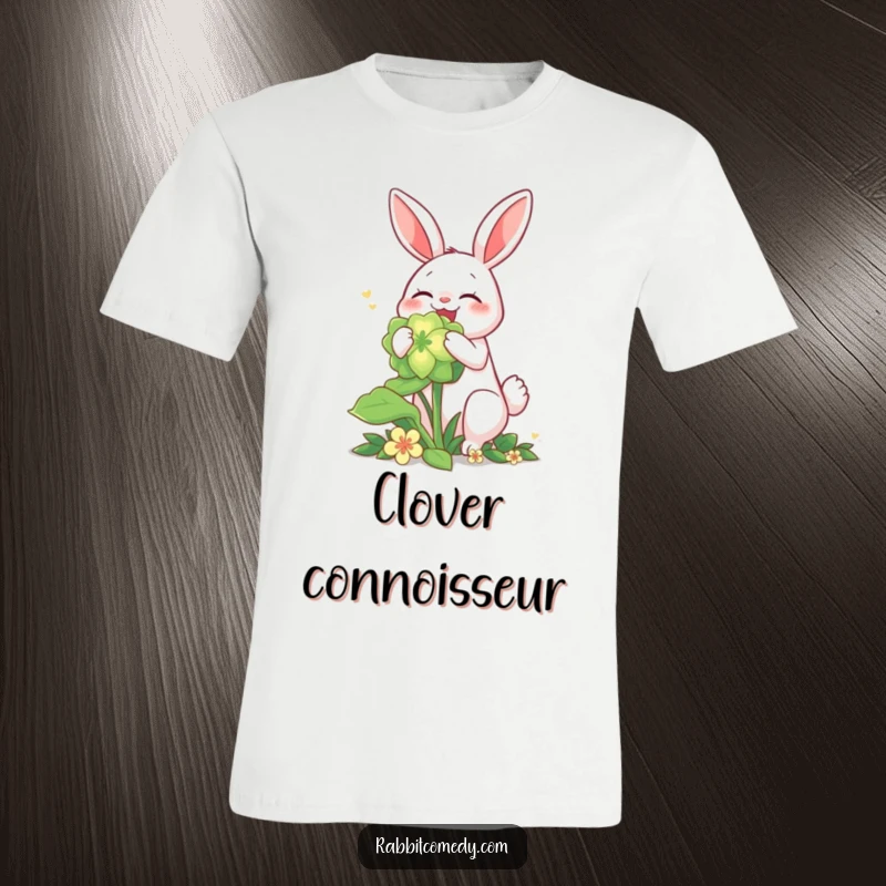 Funny rabbit t-shirt, gleefully eating a huge, luminous clover, representing good fortune and pure delight.