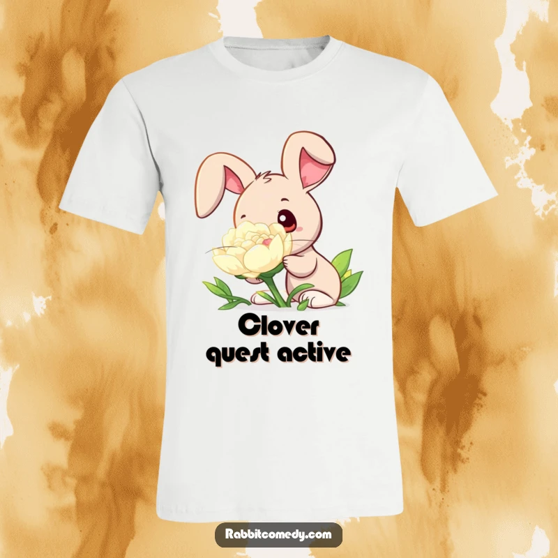 Funny t-shirt showing a rabbit with large, curious eyes intensely sniffing a massive, dew-covered clover, highlighting its gentle exploration.