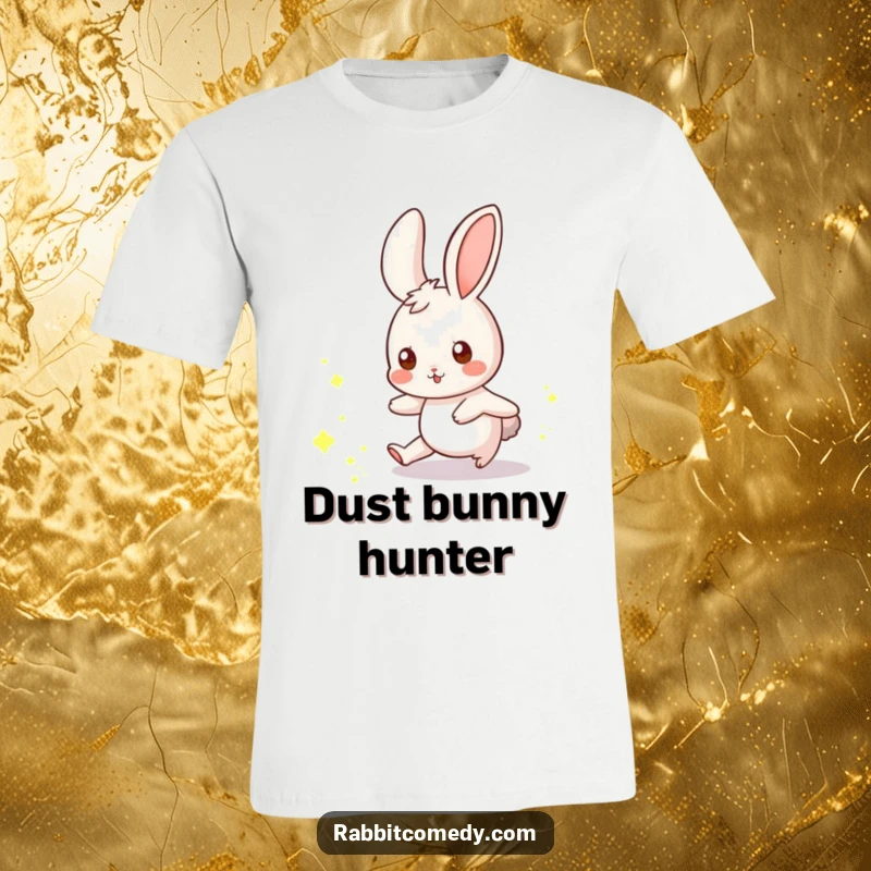 Funny rabbit t-shirt depicting a whimsical rabbit playfully chasing a scattering of glowing dust motes.