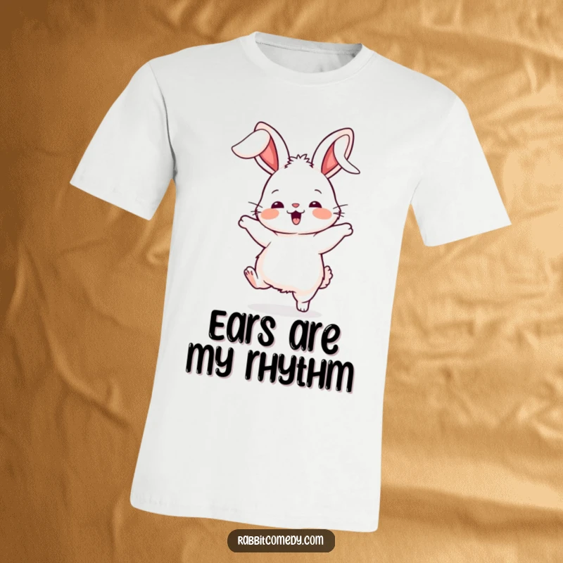 Funny rabbit t-shirt, depicting a fluffy character performing a hilariously silly dance with its ears flopping wildly, full of joy.