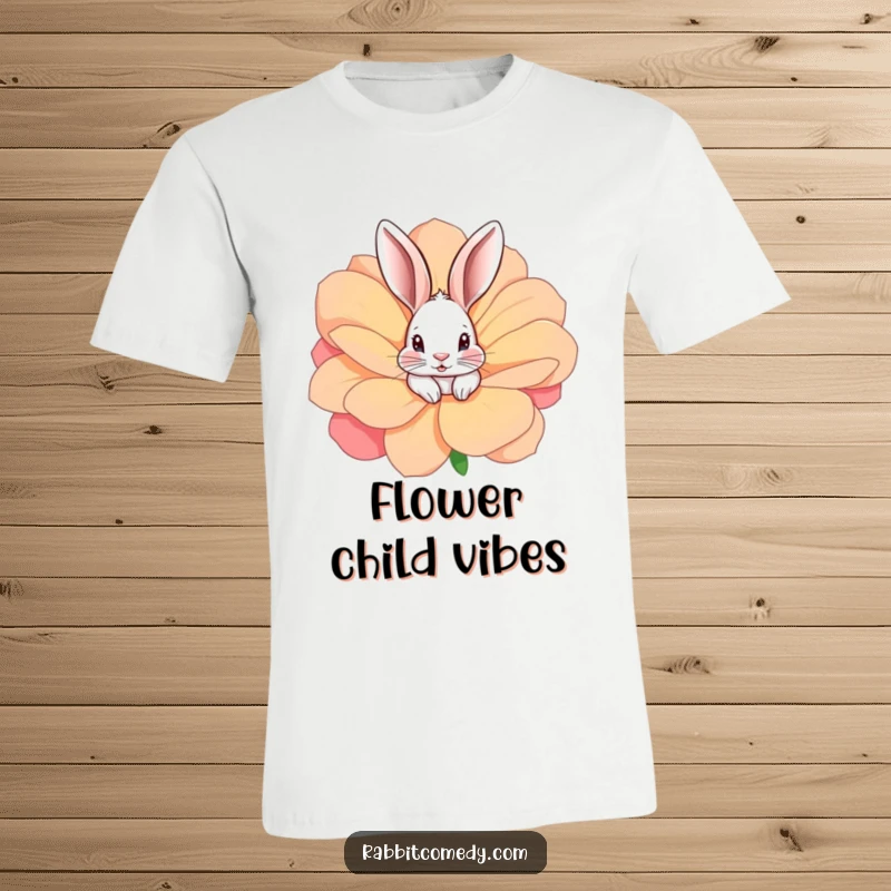 Funny rabbit peeking out from behind a large, brightly colored flower, showcasing a sense of wonder and humor on this t-shirt.