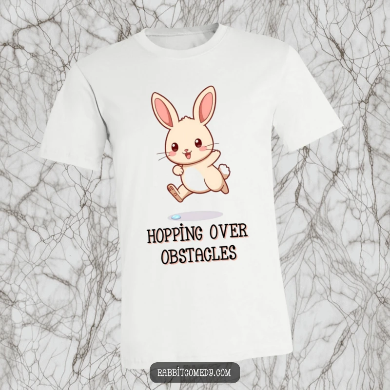 Funny rabbit t-shirt depicting a rabbit with a determined hop, soaring over a tiny sparkling dewdrop, full of energetic humor.