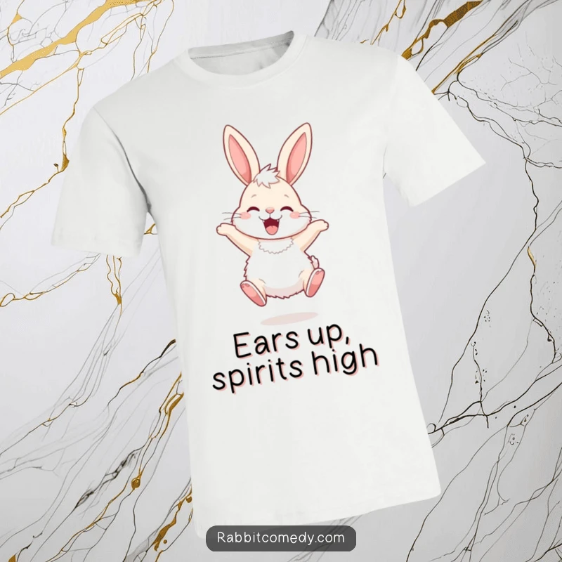 Funny T-Shirt showcasing a fluffy rabbit with long ears hopping ecstatically, radiating pure, unadulterated joy and energy.