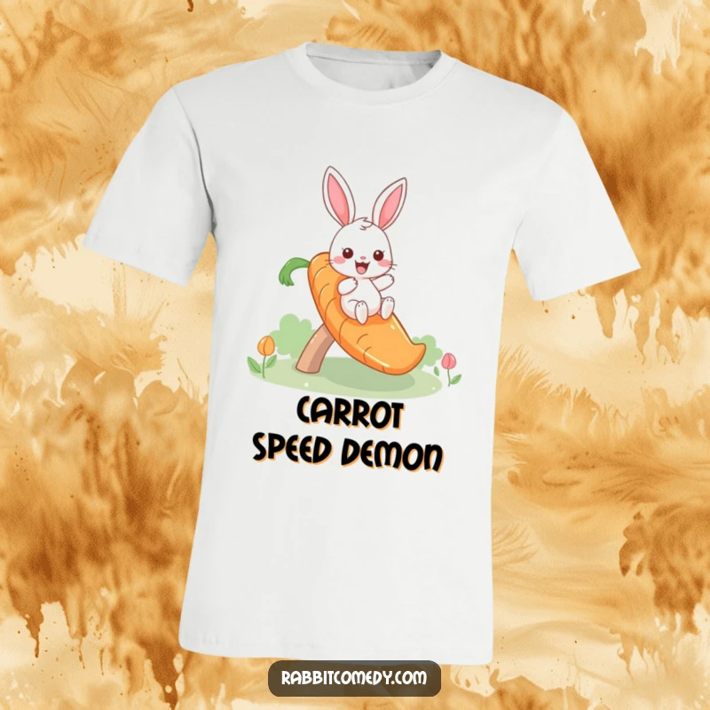 Funny t-shirt with a giddy rabbit character joyfully sliding down a giant, colorful carrot slide, radiating happiness and fun.