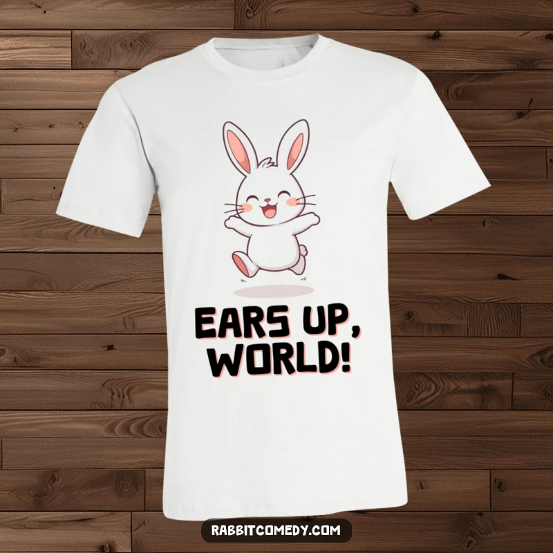 Funny rabbit t-shirt showcasing a delighted bunny in mid-hop, ears perked high, radiating pure, unadulterated joy and playfulness.