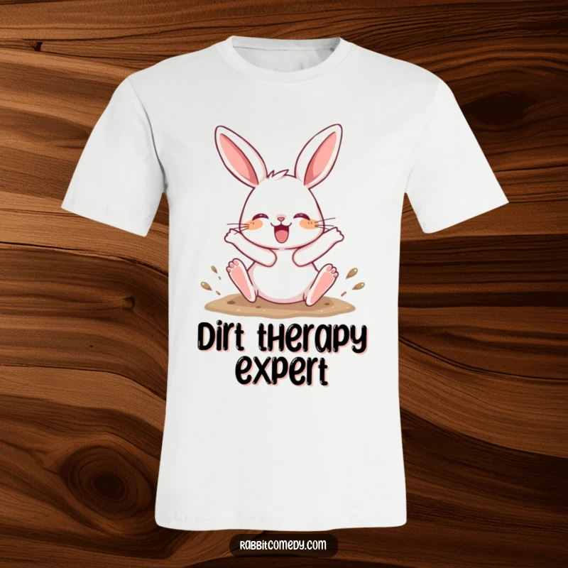 Funny T-Shirt depicting a rabbit character joyfully digging with its hind legs kicking up in a hilarious display.