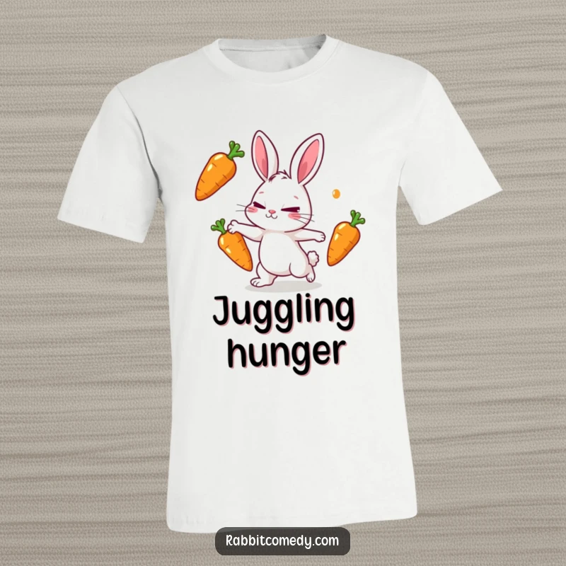 Funny rabbit t-shirt depicting a rabbit character focusedly juggling three bright, shiny carrots with a determined squint.