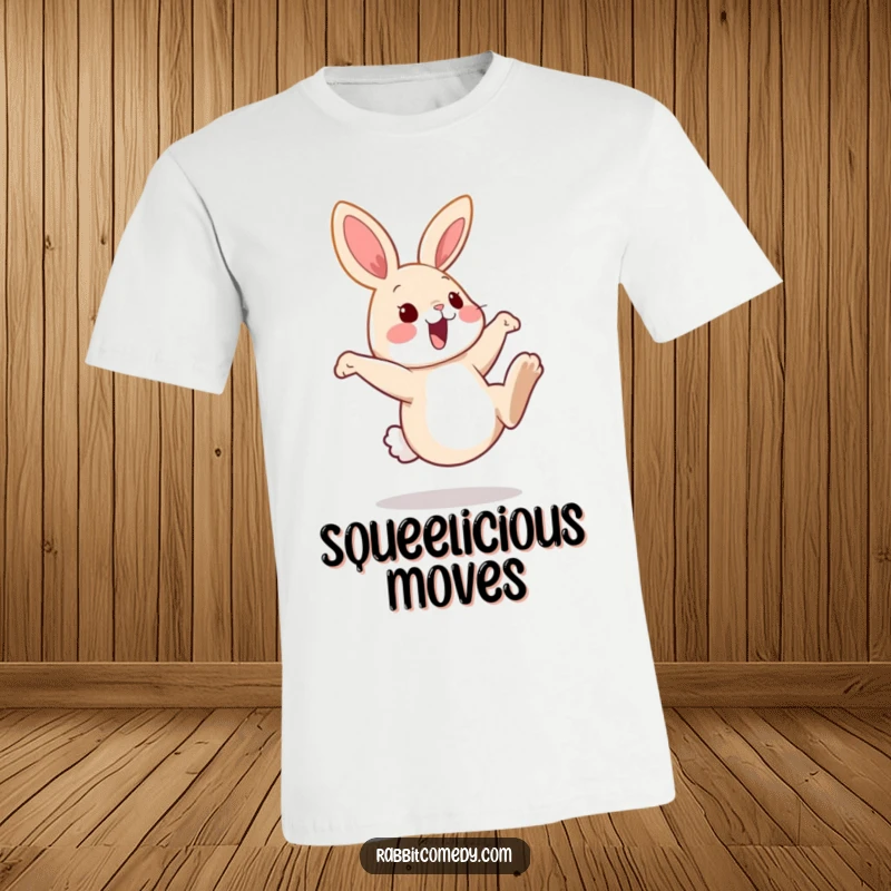 Funny rabbit t-shirt featuring a joyous bunny playfully kicking its hind legs high in the air, radiating fun and silliness.