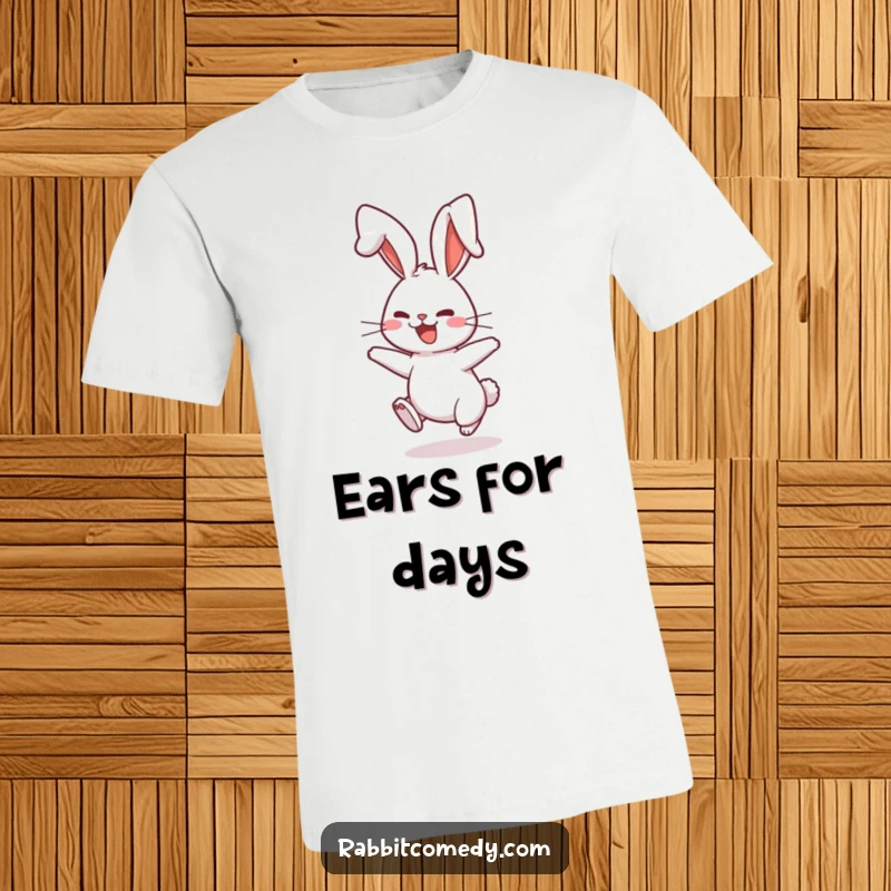 Funny T-Shirt depicting a rabbit character playfully bouncing, its ears flopping comically, embodying silly fun.