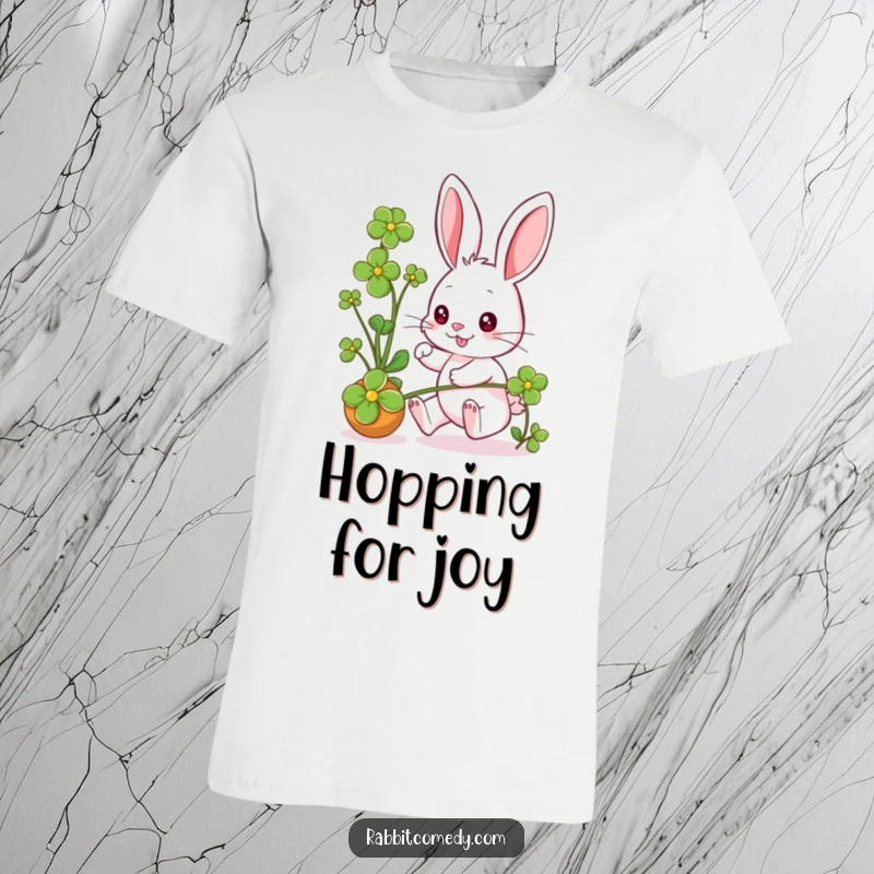 Funny rabbit character in mid-chase of a rolling clover, eyes wide with excitement, on a comfortable t-shirt.