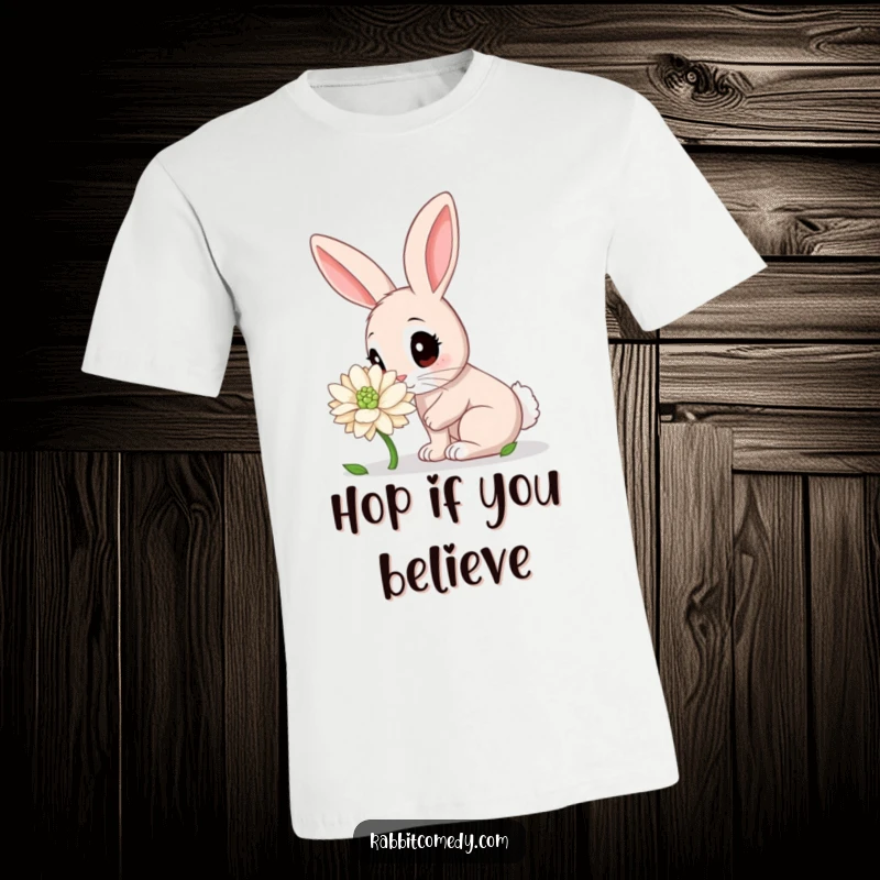 Funny Rabbit T-Shirt: A cute rabbit with wide eyes sniffing a giant dew-kissed clover, embodying playful curiosity and a love for nature.