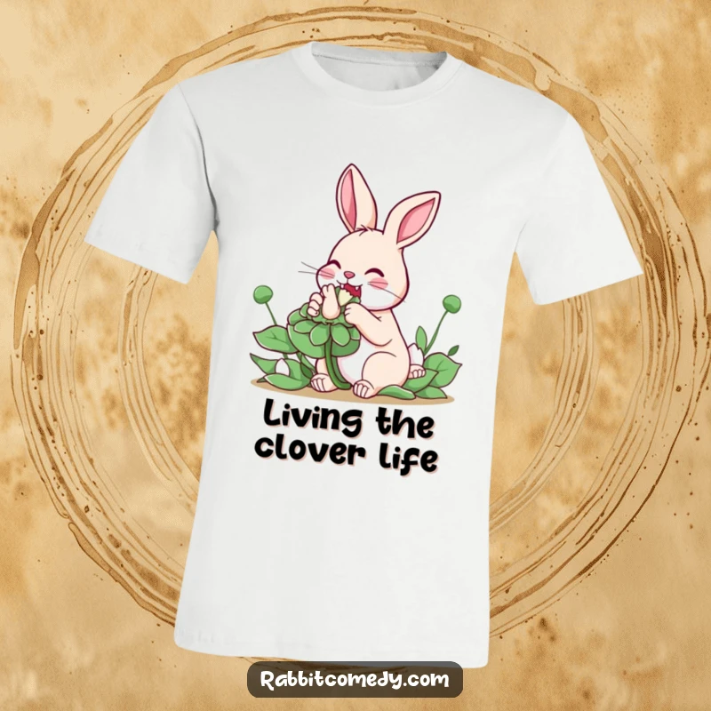 Funny Rabbit Clover T-Shirt: A joyful rabbit is depicted enthusiastically nibbling on a comically large clover, representing delight and abundance.
