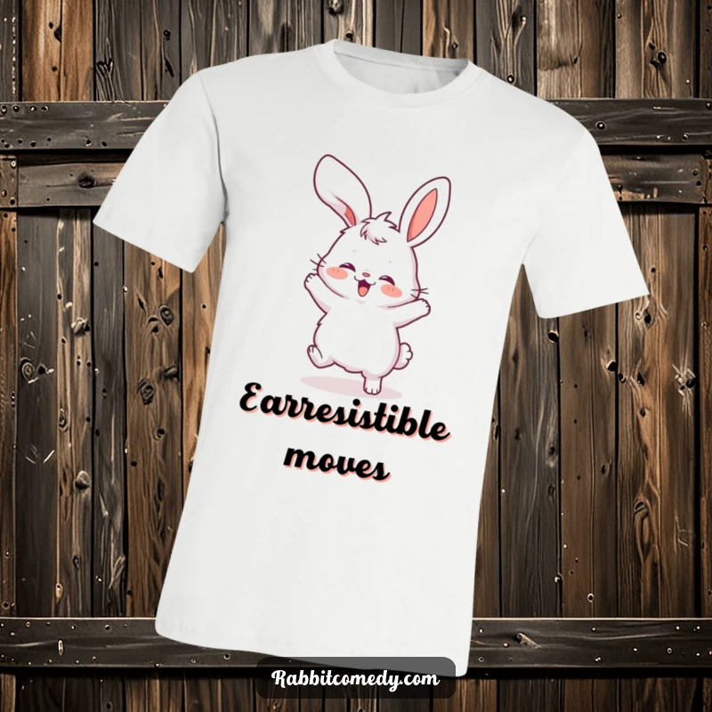 Funny t-shirt depicting a fluffy rabbit performing an energetic, silly dance with its ears flying wildly, radiating pure joy.