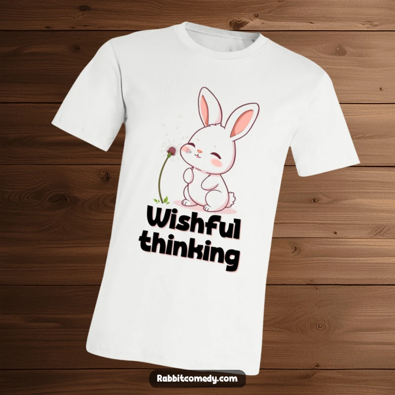 Funny rabbit t-shirt showing a cute bunny gently blowing a fluffy dandelion seed, symbolizing wishes and new beginnings.