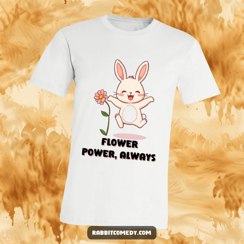 Funny rabbit t-shirt featuring a happy bunny mid-leap with a flower, perfect for spring and animal enthusiasts.
