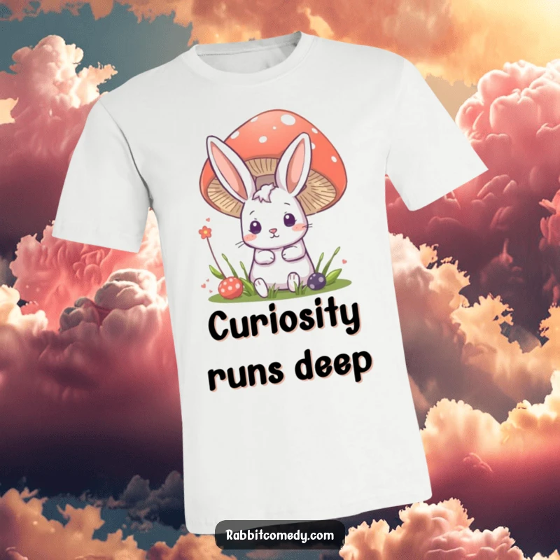 Funny rabbit t-shirt featuring a cute bunny peeking from behind a large mushroom with wide, curious eyes.