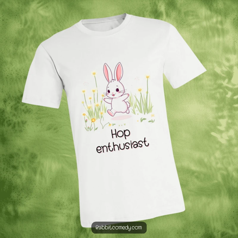 Funny rabbit t-shirt, gleefully hopping amidst oversized, shimmering dandelions, embodying pure playful energy.