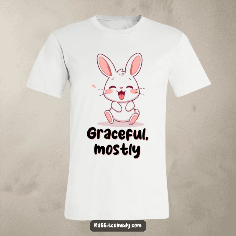 Funny rabbit character stumbling gracefully and letting out a squeak of delight upon recovery, featured on a humorous t-shirt.