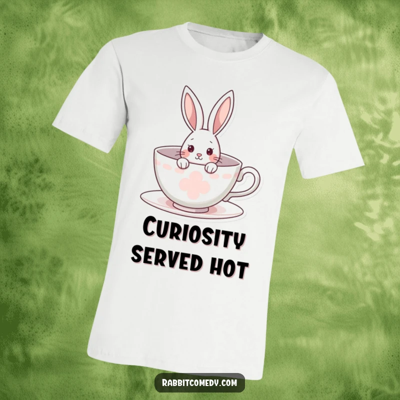 Funny rabbit t-shirt featuring a curious bunny peeking out from a giant teacup, showcasing a sense of wonder and playful mischief.