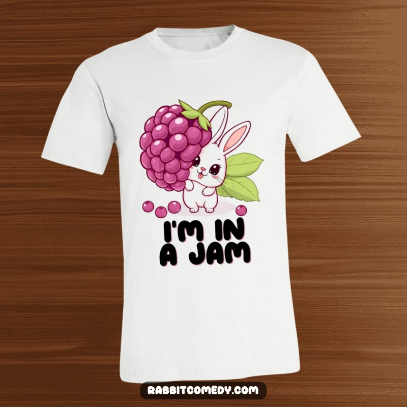 Funny T-shirt featuring a cartoon rabbit peeking with a shocked expression from behind a giant, unstable berry, perfect for laughter.